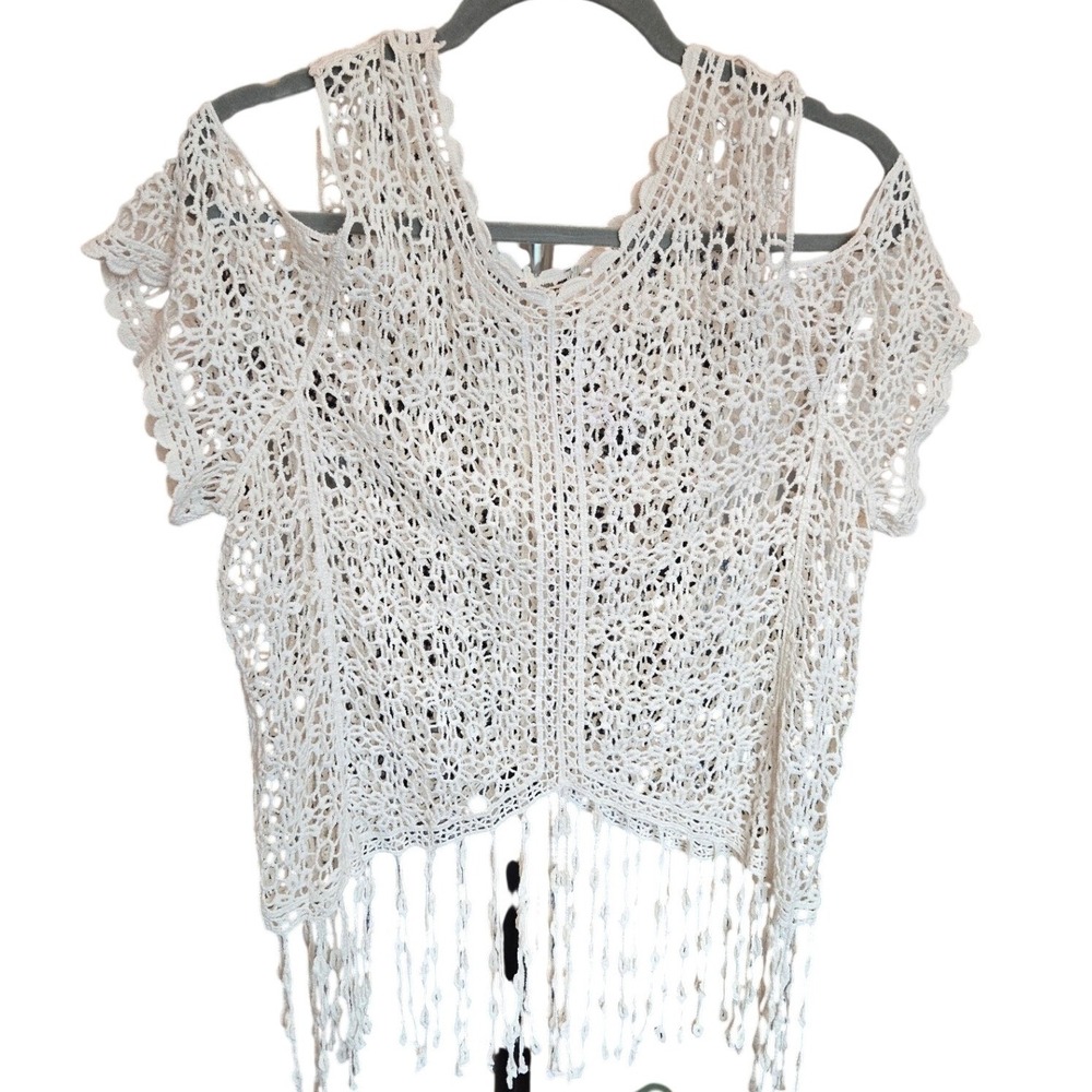 Crochet Top Short Sleeve Cover Up Cream Tassel Boho Festival Fairy Hippie Medium